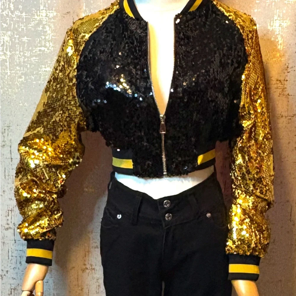 Sequin Bomber Jacket in Black and Gold - Picture 1 of 6